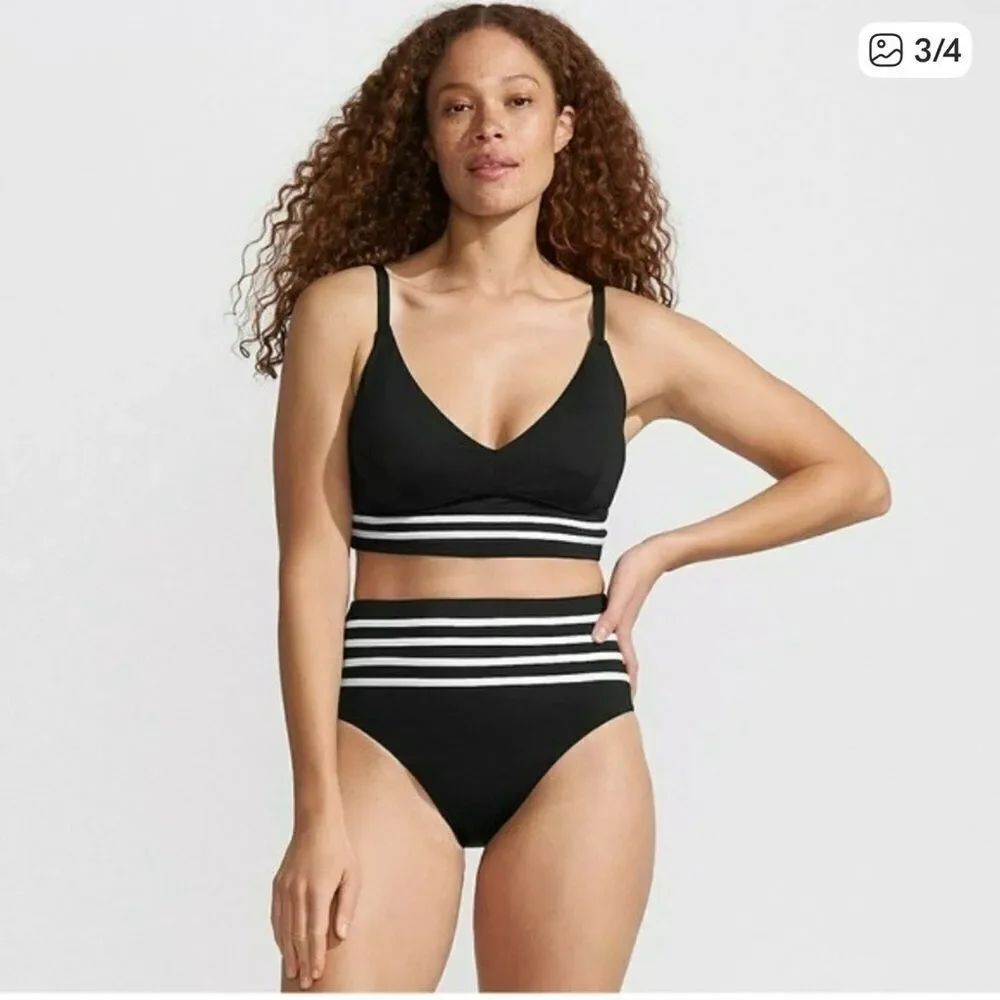 Land's End V Neck underwire bikini, top adjustable straps black white stripe Var